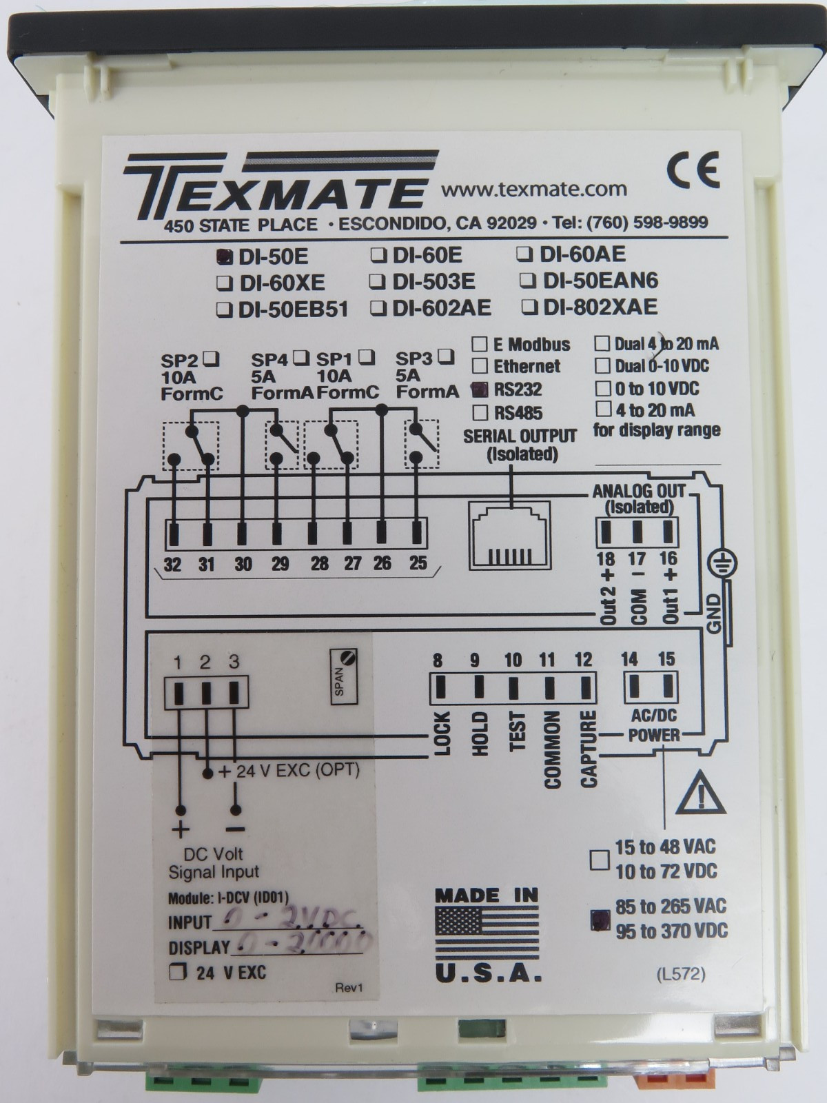 Texmate DI-50E DR Digital Panel Meter Display PS1 ID01 S2 New in Box