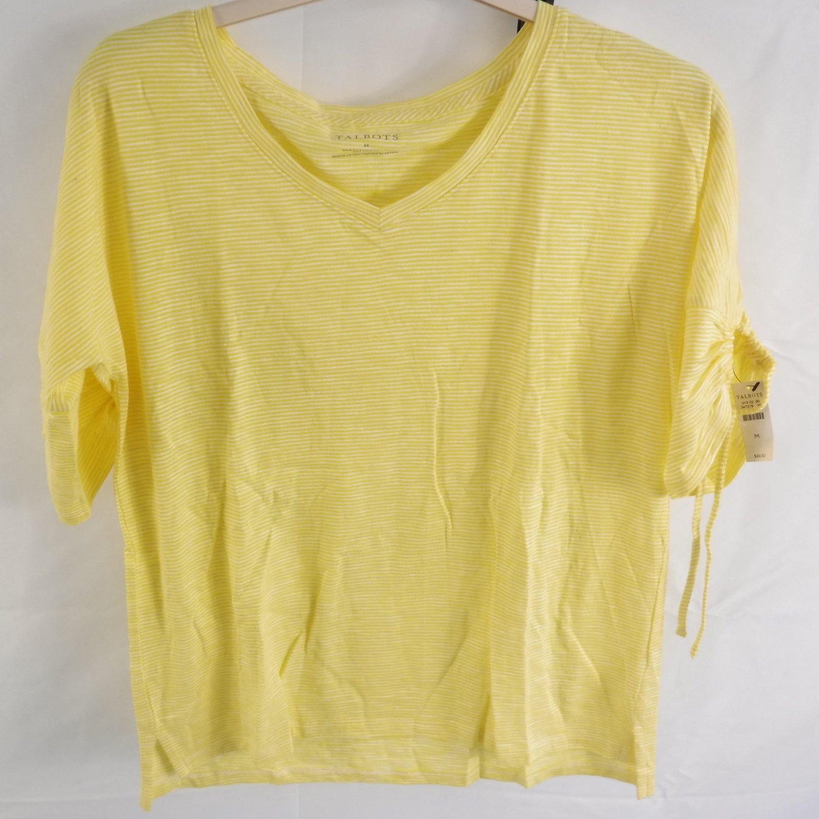 Talbots Yellow Striped Shirt V Neck Scrunched Sleeves 347279 Size Medium