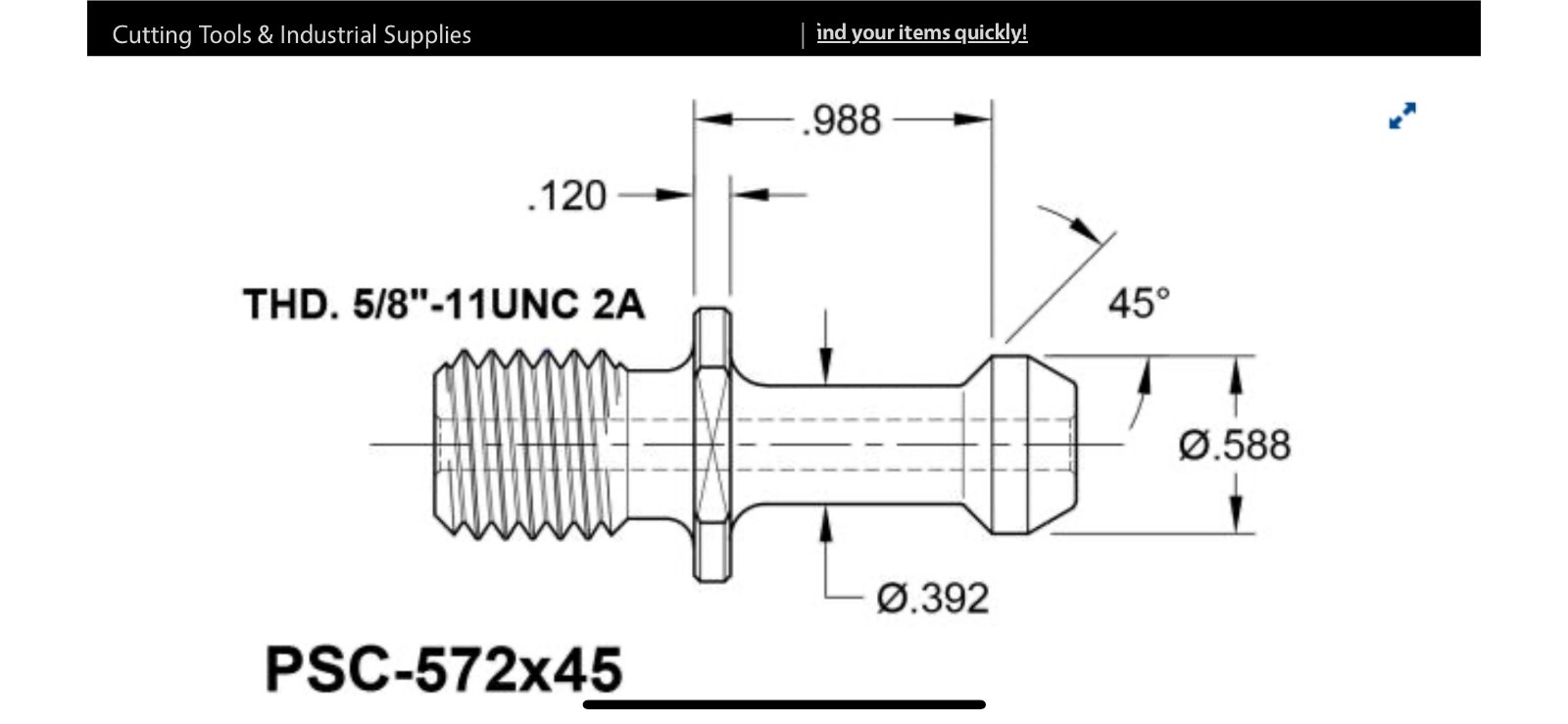 Retention knob/ Pull Stud Coolant through PSC-572×45 CAT 40