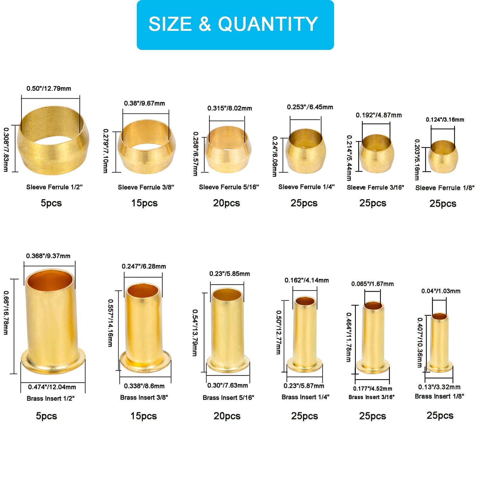 Breezliy Compression Fittings 230pcs 6 Sizes Sleeves Ferrules, Insert, Brass