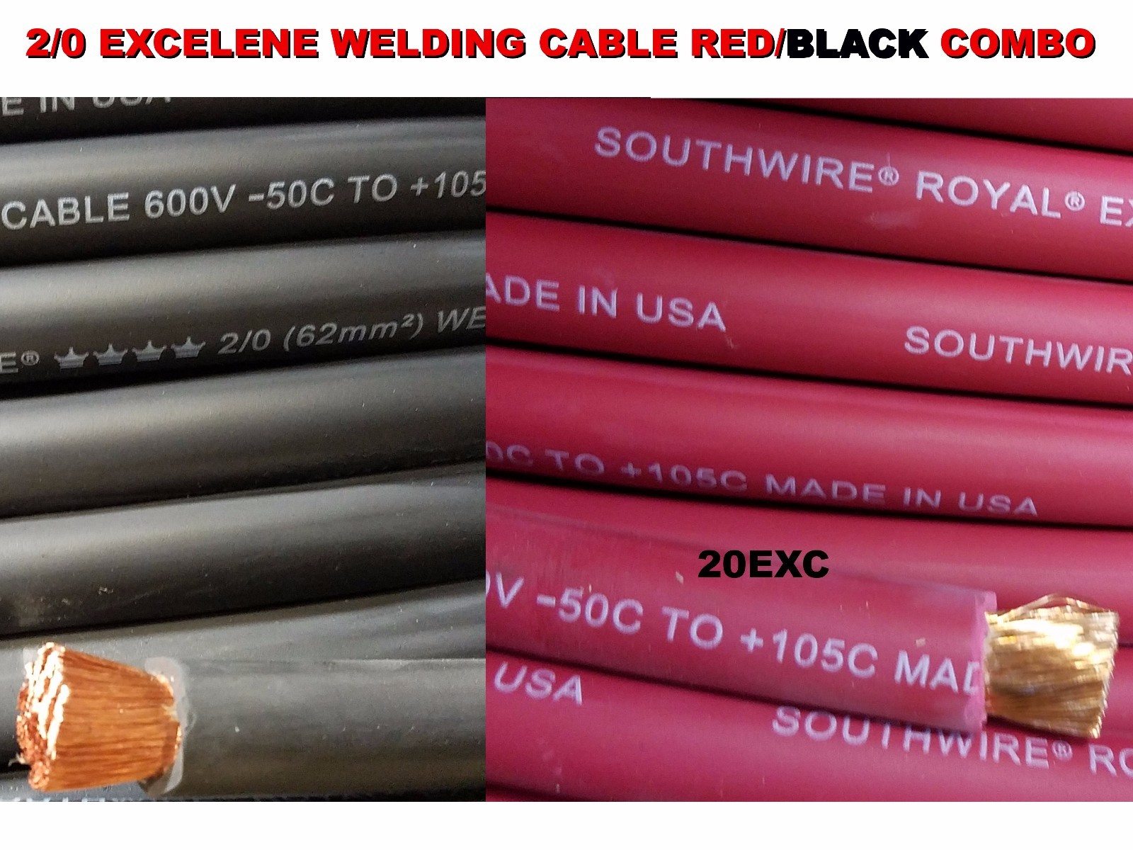 12′ 2/0 EXCELENE WELDING CABLE 6 FT RED AND 6 FT BLACK USA MADE 105 EPDM JACKET