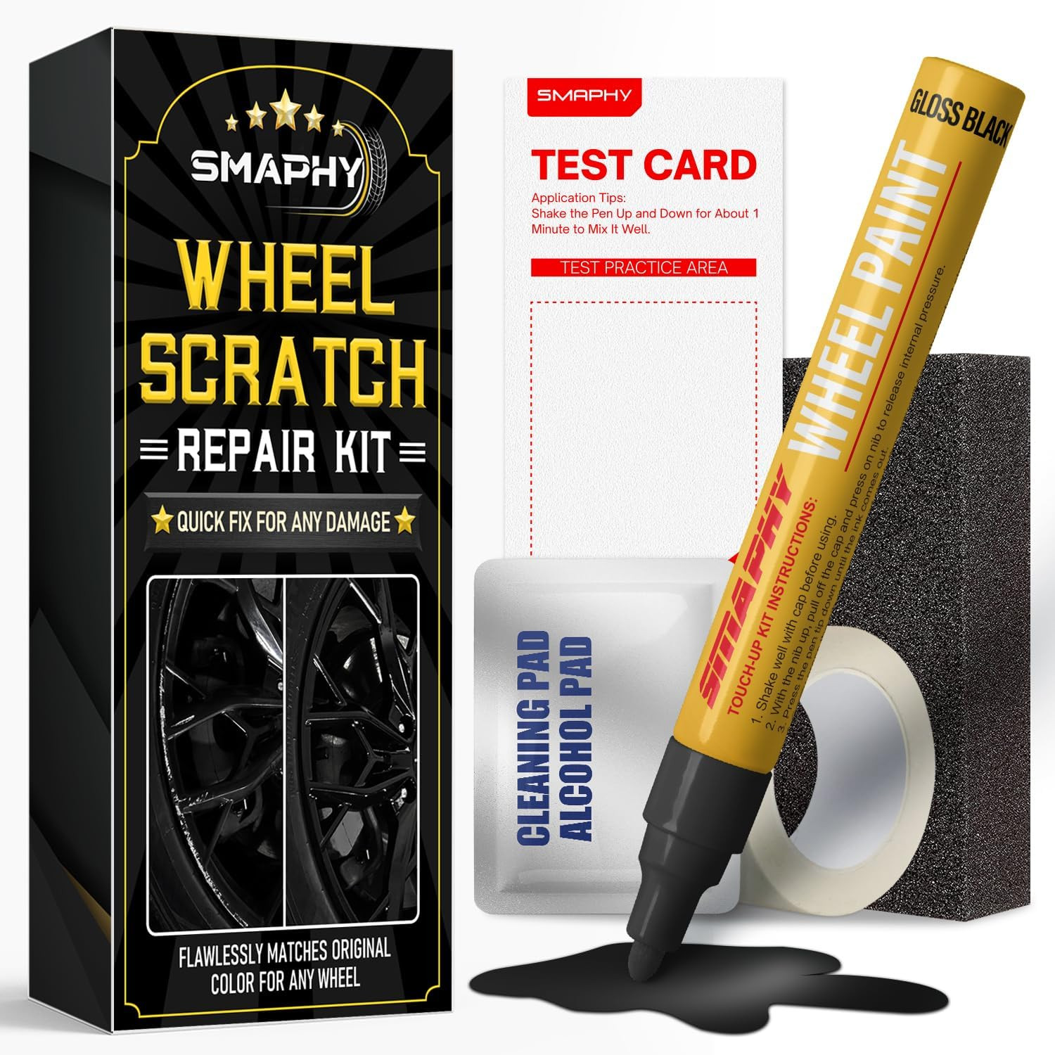 SMAPHY Wheel Scratch Repair Kit, Gloss Black Rim Repair Kit Curb Rash, DIY Alloy
