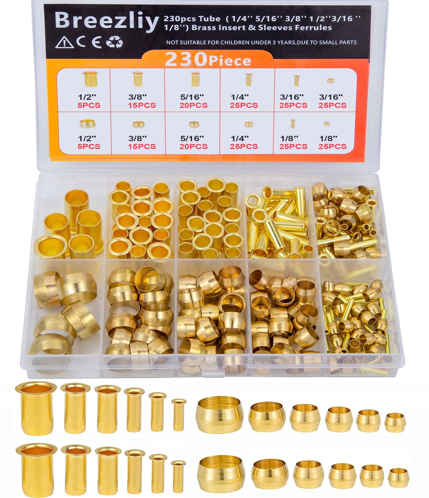 Breezliy Compression Fittings 230pcs 6 Sizes Sleeves Ferrules, Insert, Brass