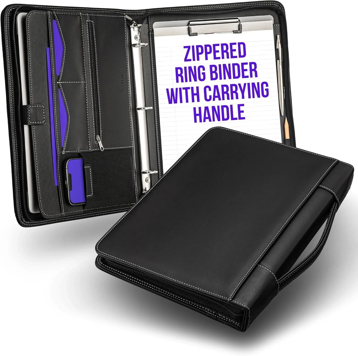 Zipper Portfolio Binder with Carrying Handle | Removable 3-Ring Binder (1″) W/Cl
