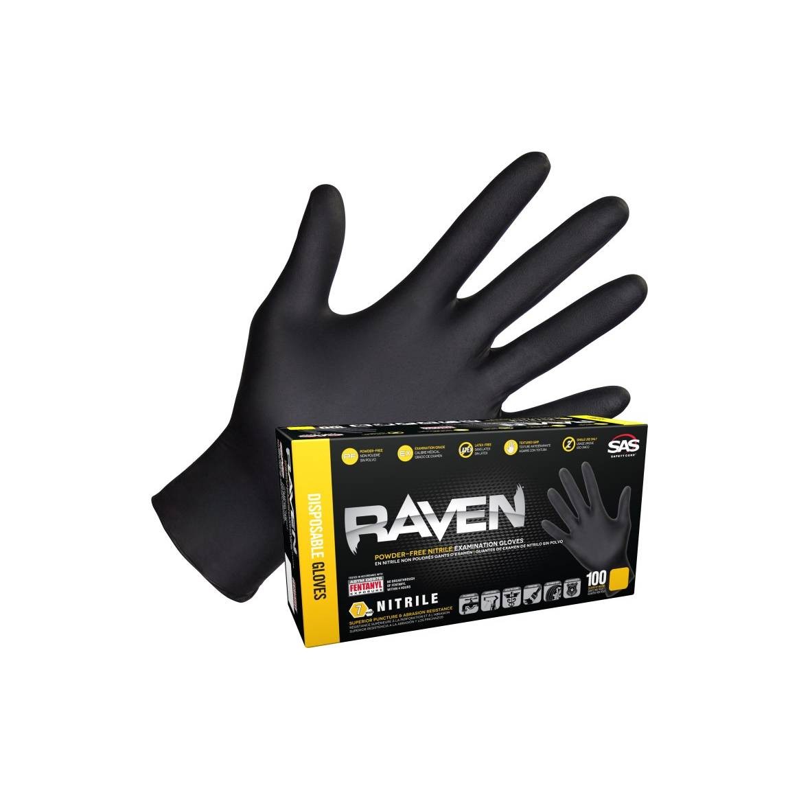 SAS 66519 Raven Exam Grade Nitrile Disposable Gloves, 7 mil, XL, 100 Pack