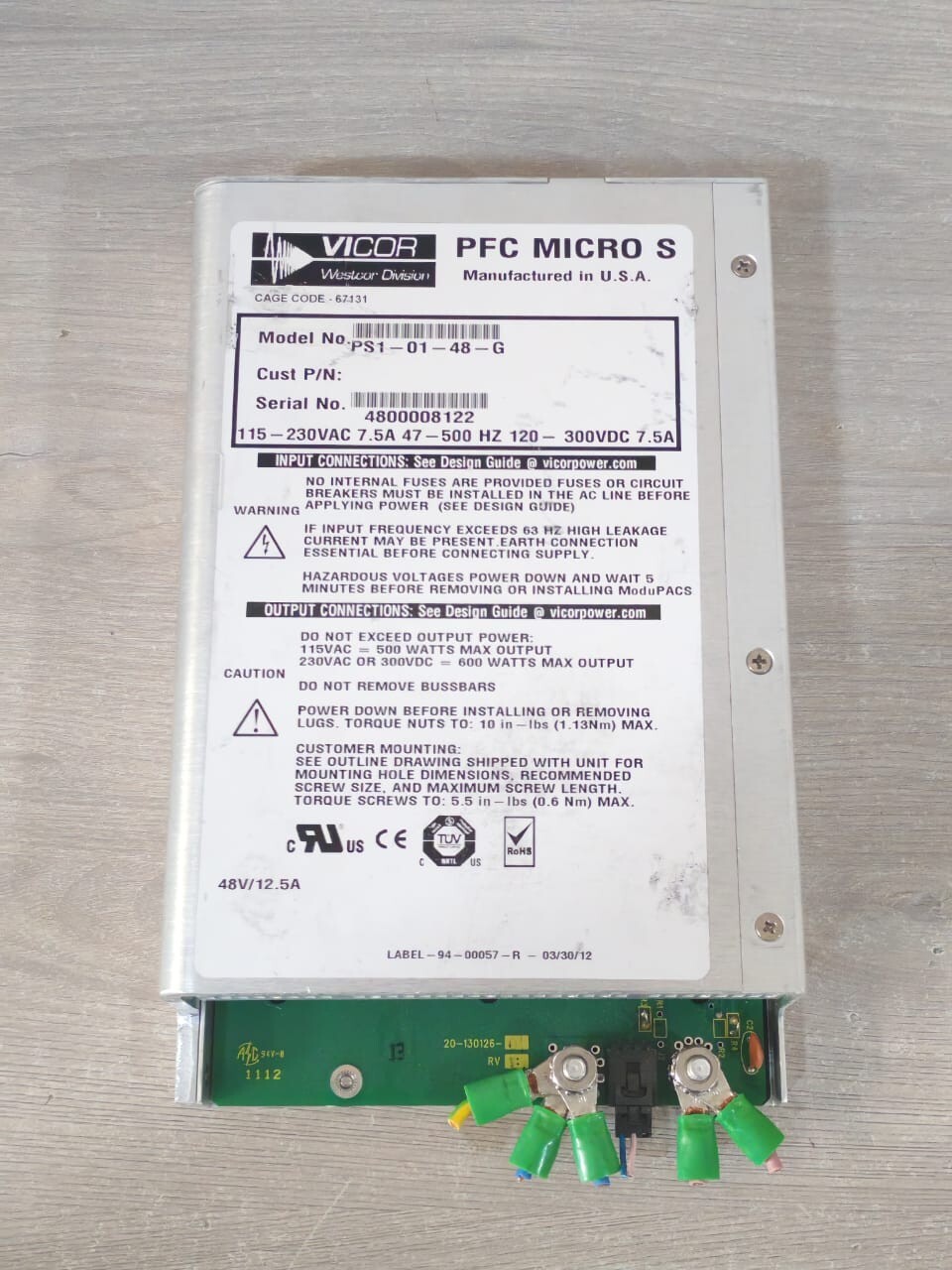 VICOR PFC MICRO S PS1-01-48-G 10-130112-12 REV A AC/DC CONVERTER – W/O ACCS.