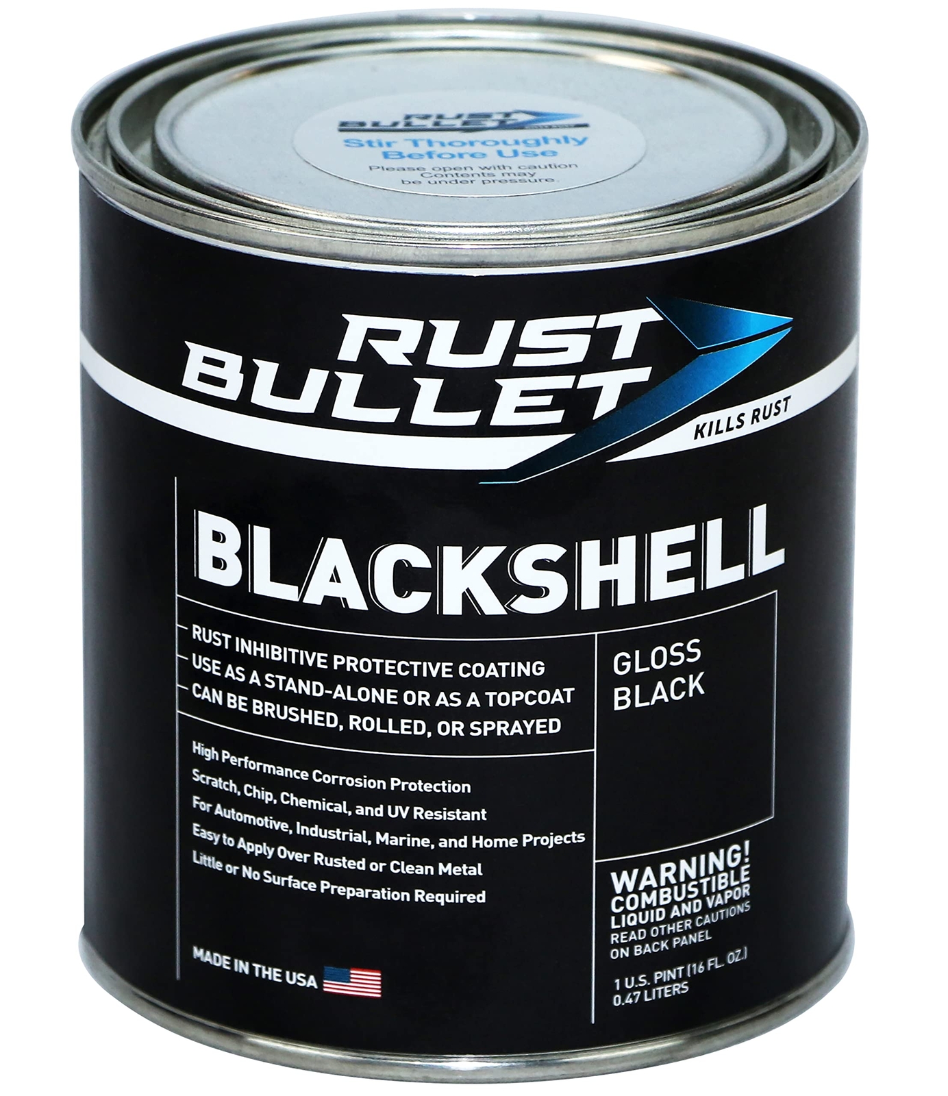 RUST BULLET BlackShell 1 Pint Gloss Black UV Resistant Metal Coating
