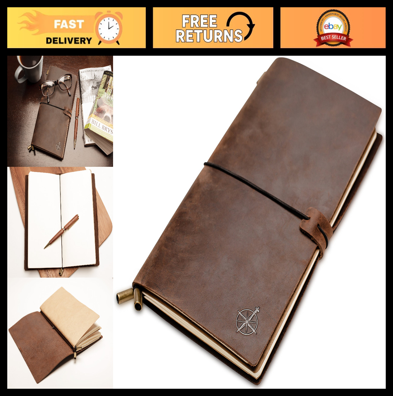 Handcrafted Genuine Leather Travel Journal – Refillable 4.75″x8.5″ Notebook, 100