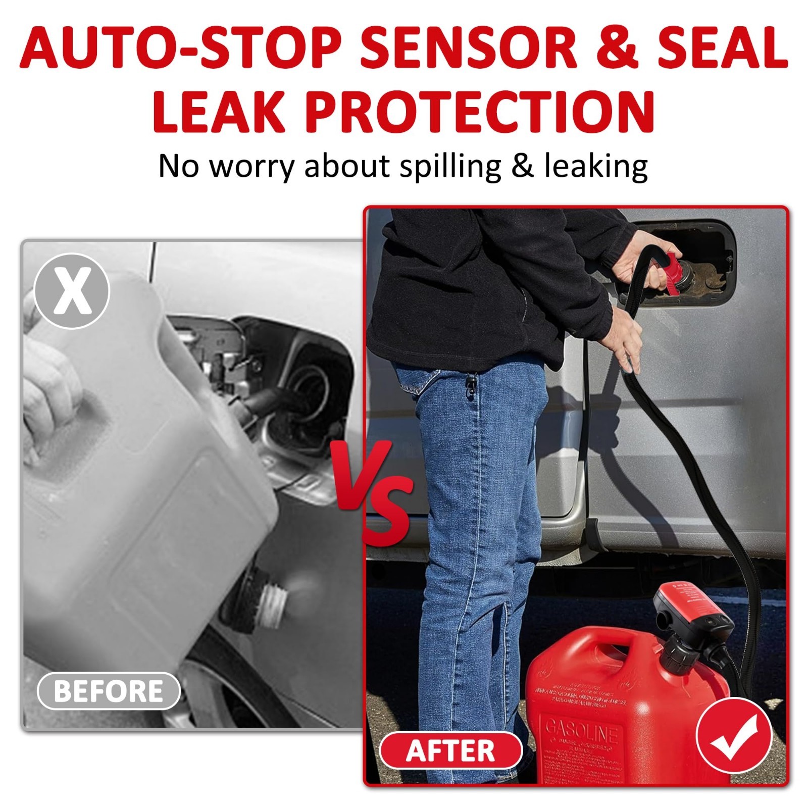 Battery-Powered Fuel Transfer Pump with Auto-Stop, Leak Protection, 42″ Hose, Un