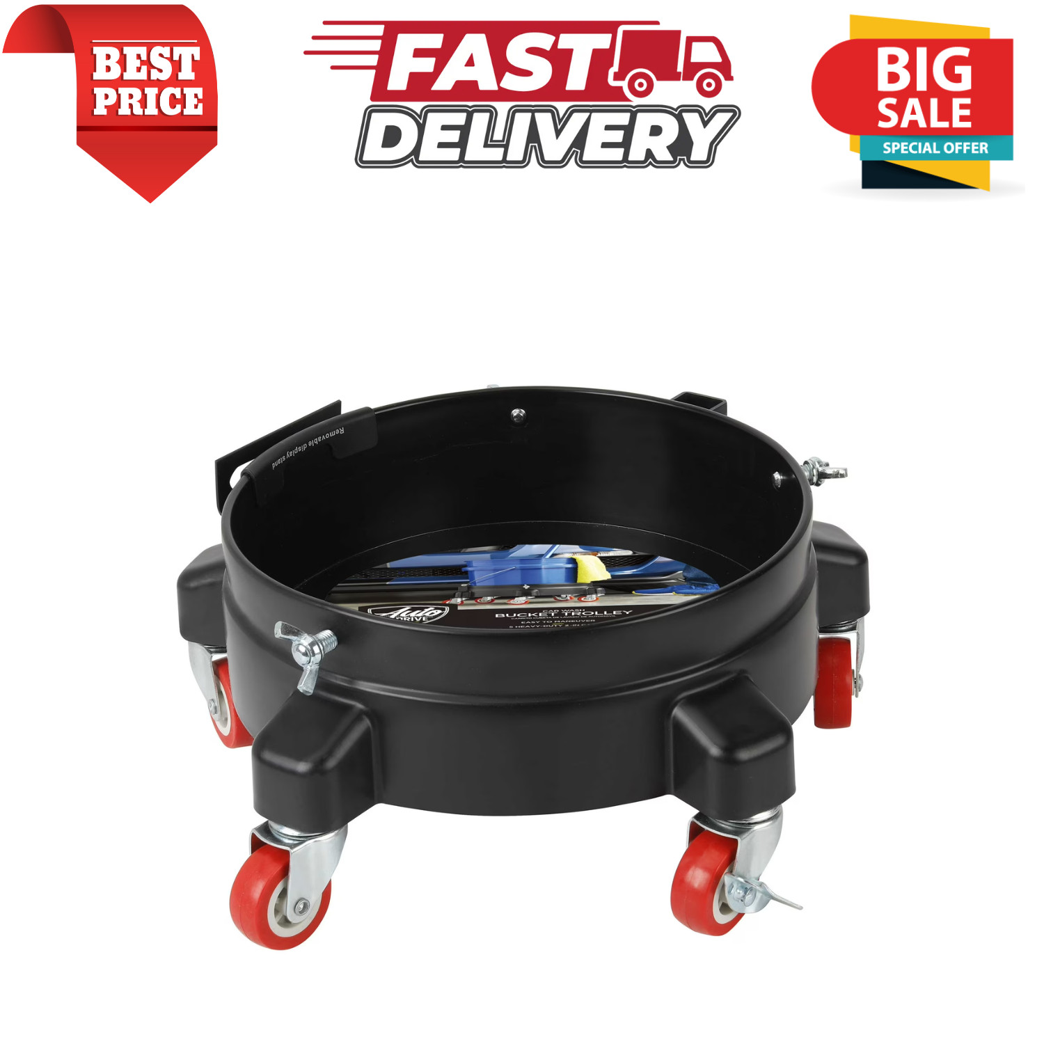 Auto Drive 12in Bucket Dolly with 5 Locking Casters Fits 3.5 to 7 Gallon Buckets