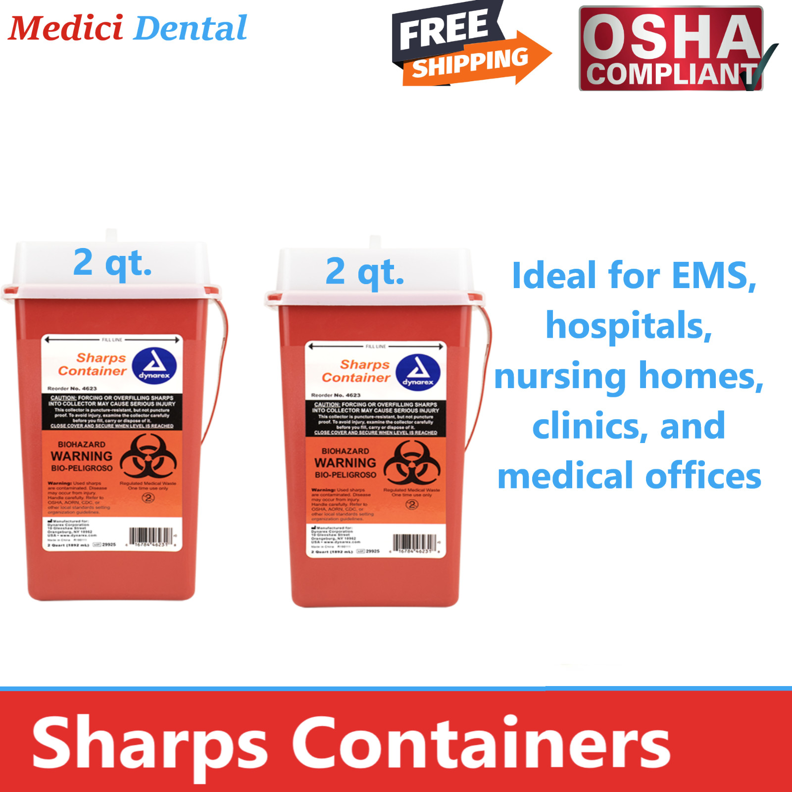 2 PACK! Sharps 2 Quart Biohazard Container Needle Disposal Doctor DYNAREX