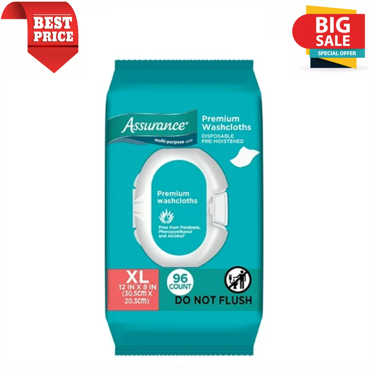 Assurance Premium Disposable Washcloths Pre-Moistened Body Wipes, XL, 96 Count