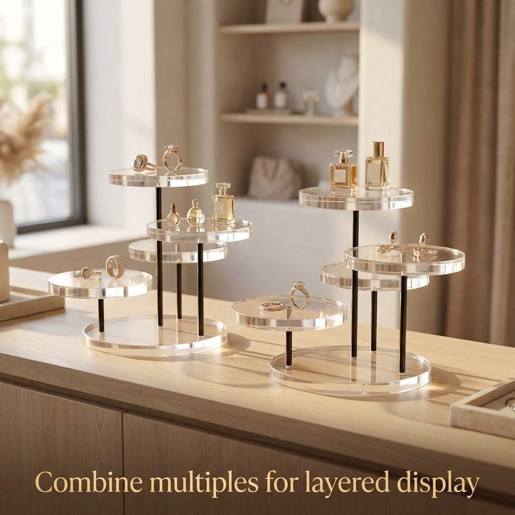 QWORK Round Acrylic Products Display Riser Stands, 3 3 Tier, 2 Pack, Clear