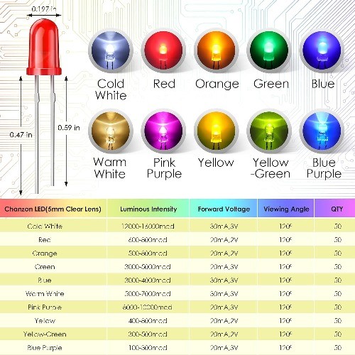 500 Pcs 5mm LED Lights Emitting Diodes Assorted Kit Pack Variety Color Bulb