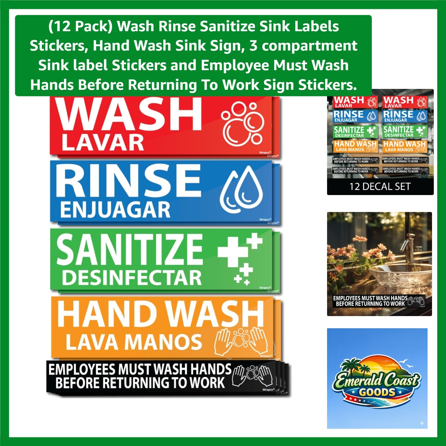12 Pack Wash Rinse Sanitize Sink Labels Stickers, Hand Wash Sink Sign, 3 comp…