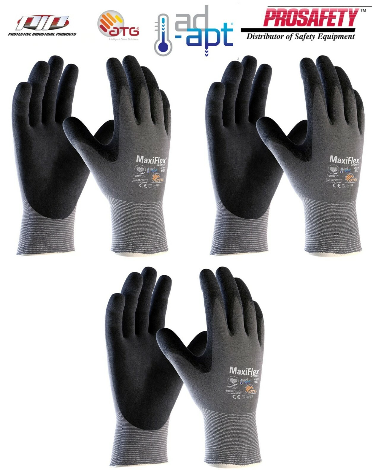 3 PR. 42-874 MaxiFlex Micro Foam Nitrile Grip Palm Coated PROTECTIVE WORK GLOVES