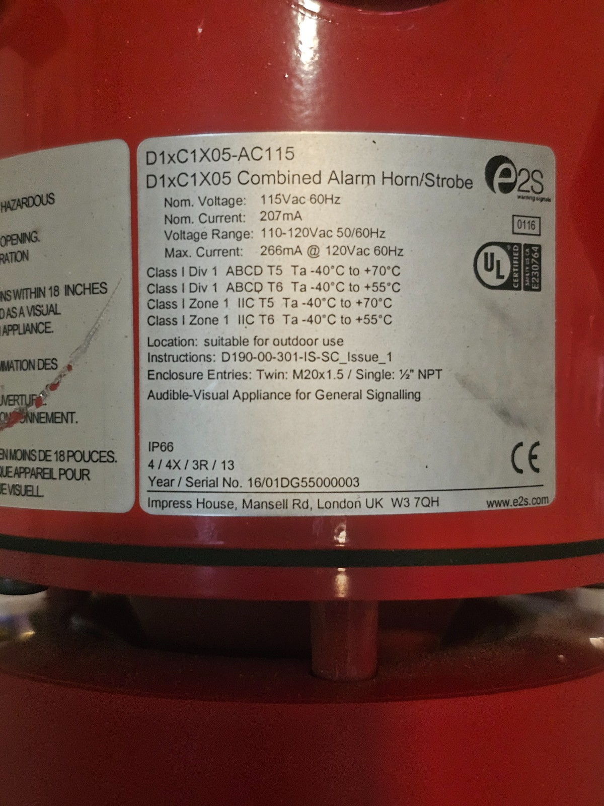 115Vac Red w/ orange lens – Combined Alarm Horn & Xenon Strobe D1xC1X05-024-R/C