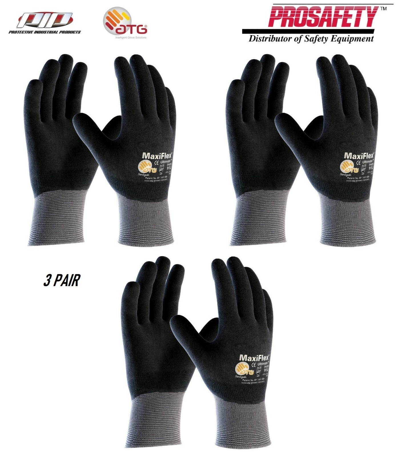 3 PR. 34-876 MaxiFlex Foam Full Palm Coated Nitrile Grip PROTECTIVE WORK GLOVES