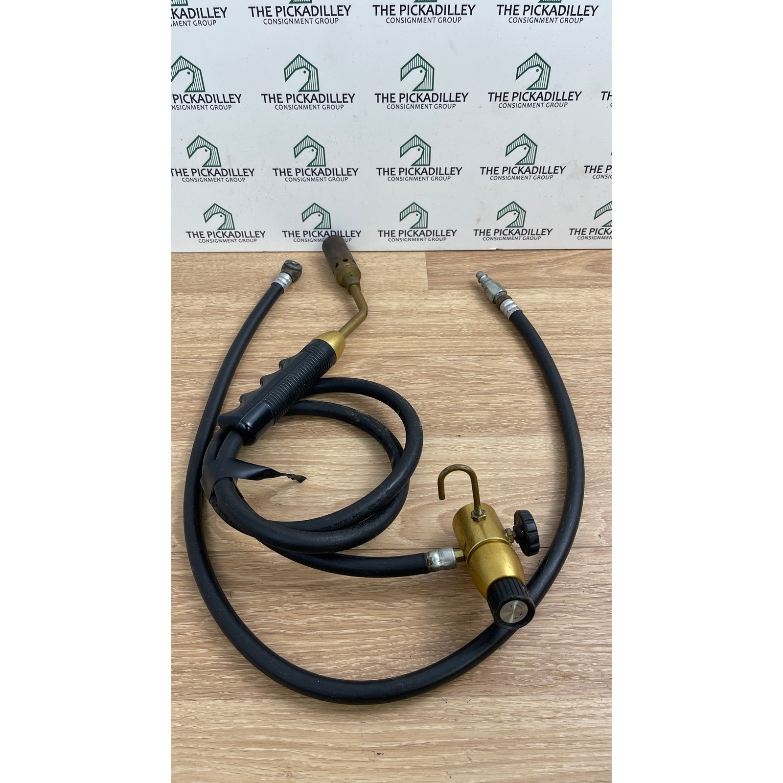 Vtg Brass Propane Torch Kit with Hose and Regulator Valve Assembly Gold Black
