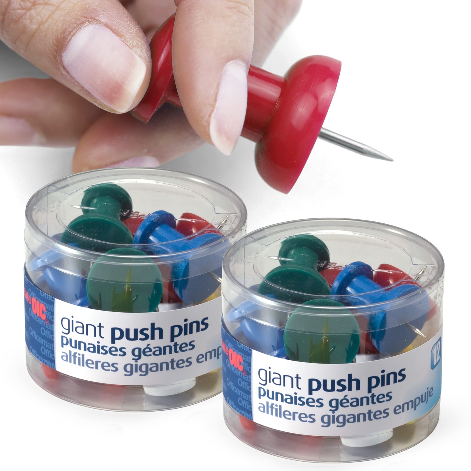 Officemate Giant Push Pins, 1.5″ Assorted Colors, 2 Tubs of 12 (92905)