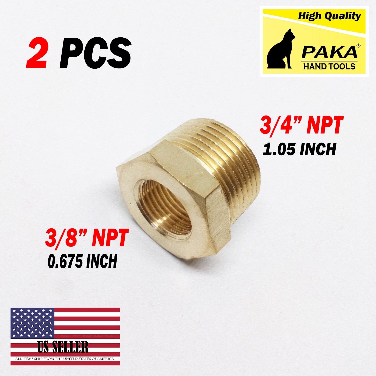 2 PC 3/4″ Male x 3/8″ Female NPT Pipe reducer Hex Bushing adapter Brass Fitting