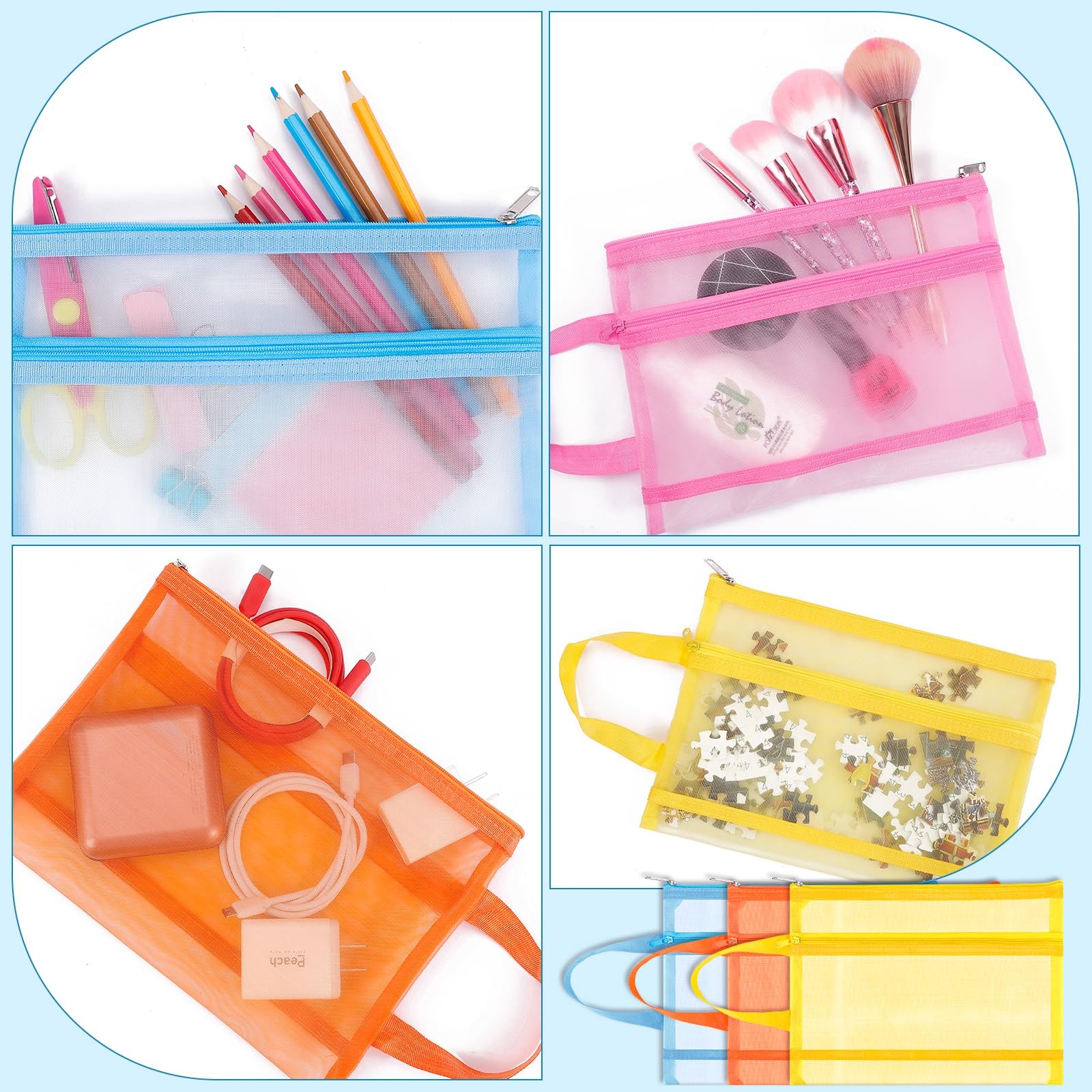 A5 Double-Layer Nylon Mesh Zipper Pouch Bags with Handle 6-Pack Multicolor