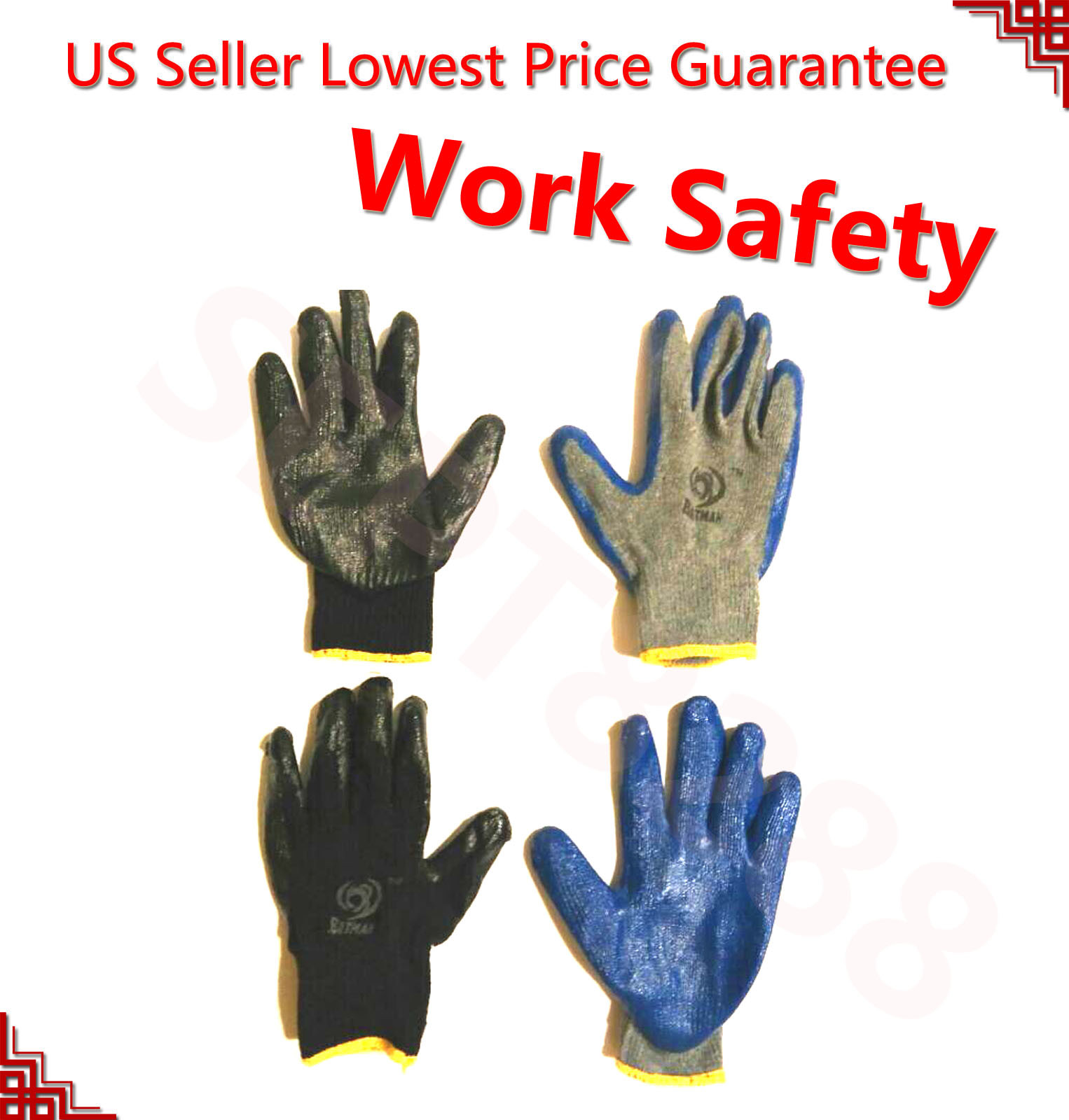240 Pair Batman Heavy Duty Premium Latex Rubber Palm Coated Work Gloves XL