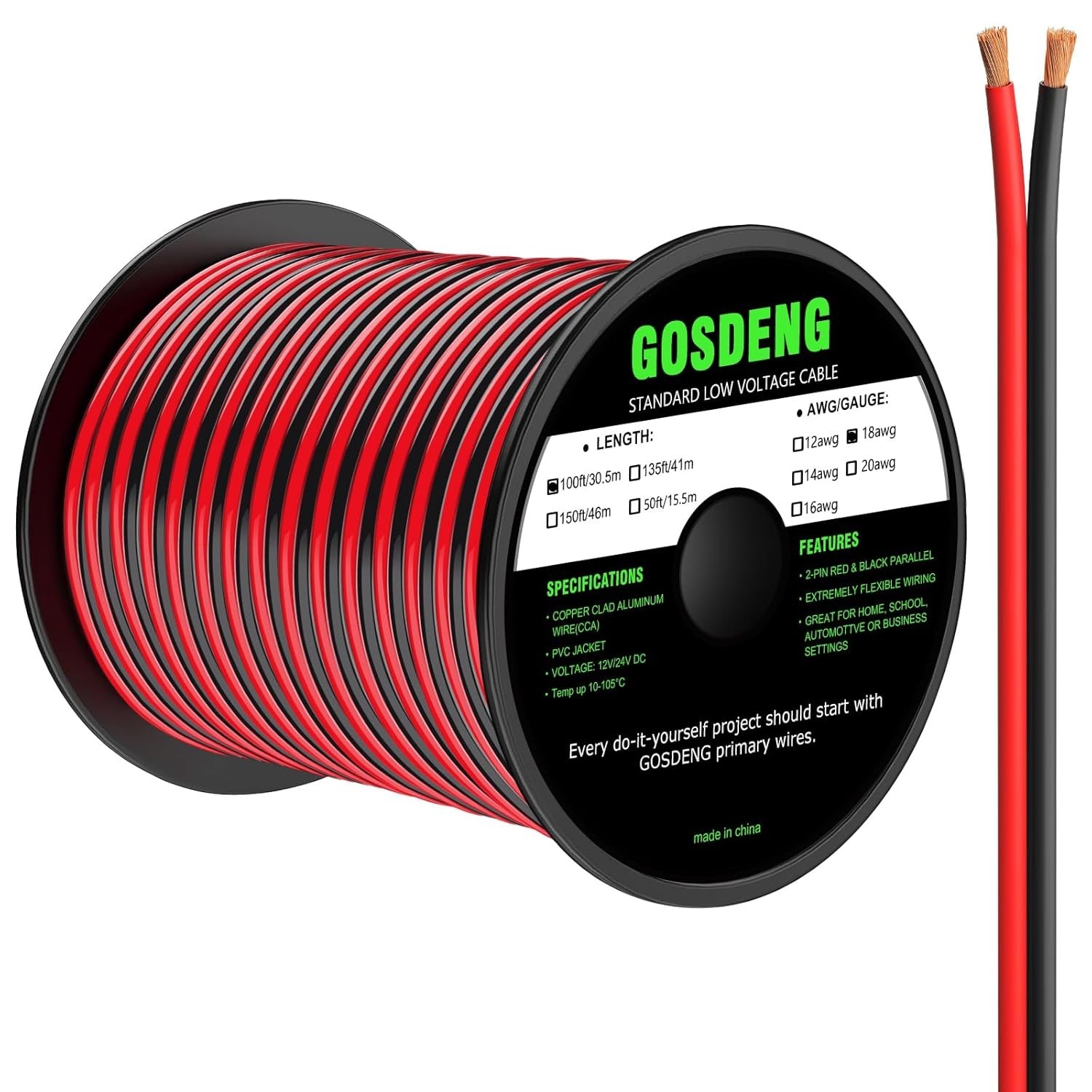 18 Gauge Wire 100FT, 2 Conductors Electrical Wire Red and Black Cable Low Voltag
