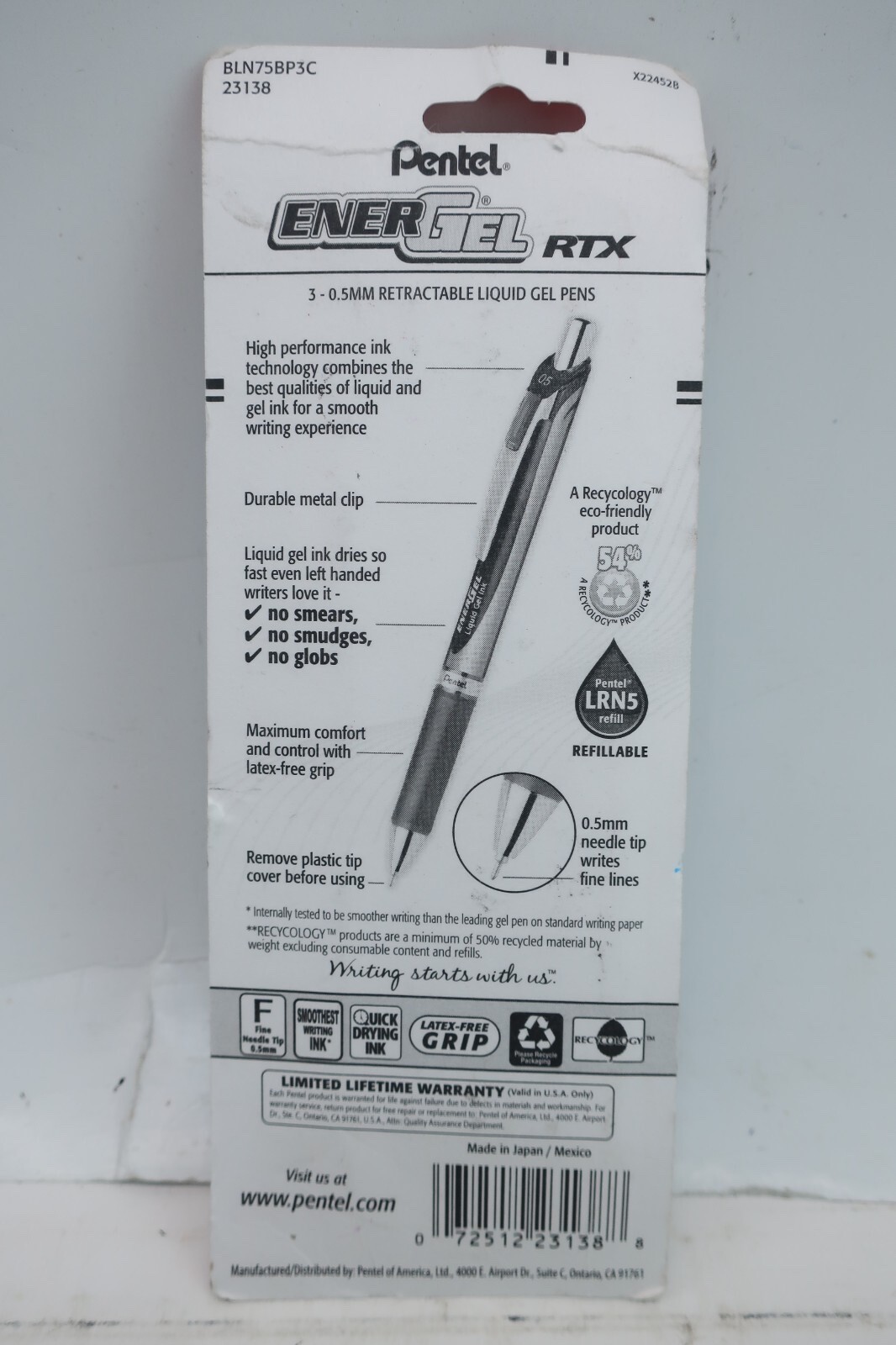 Pentel EnerGel RTX 4 PACK Liquid Gel Pens 0.5mm Fine – Needle Tip – Blue Ink 4pk