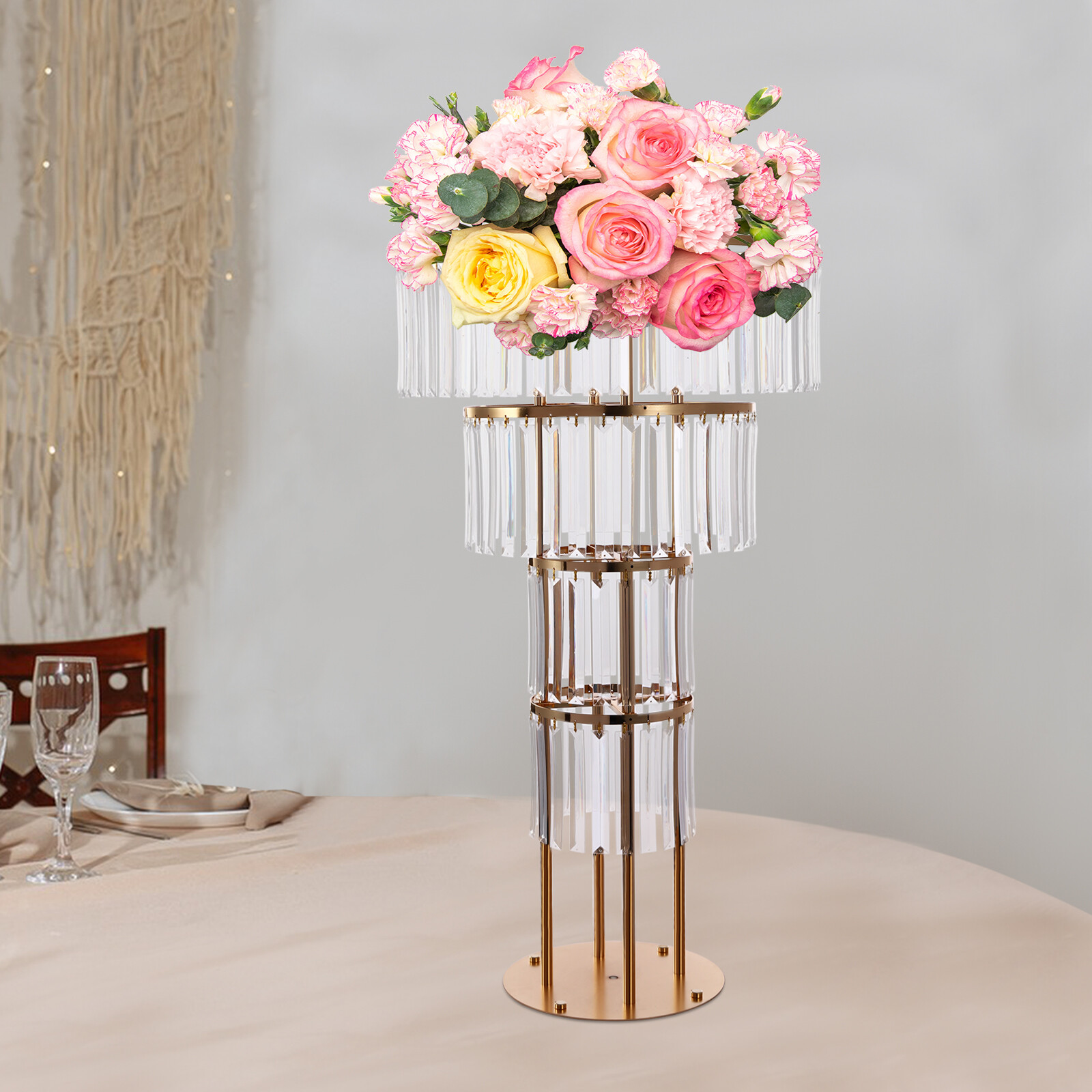 Wedding Gold Crystal Flower Stand, Round Pedestal Stand, Crystal Flower Stand