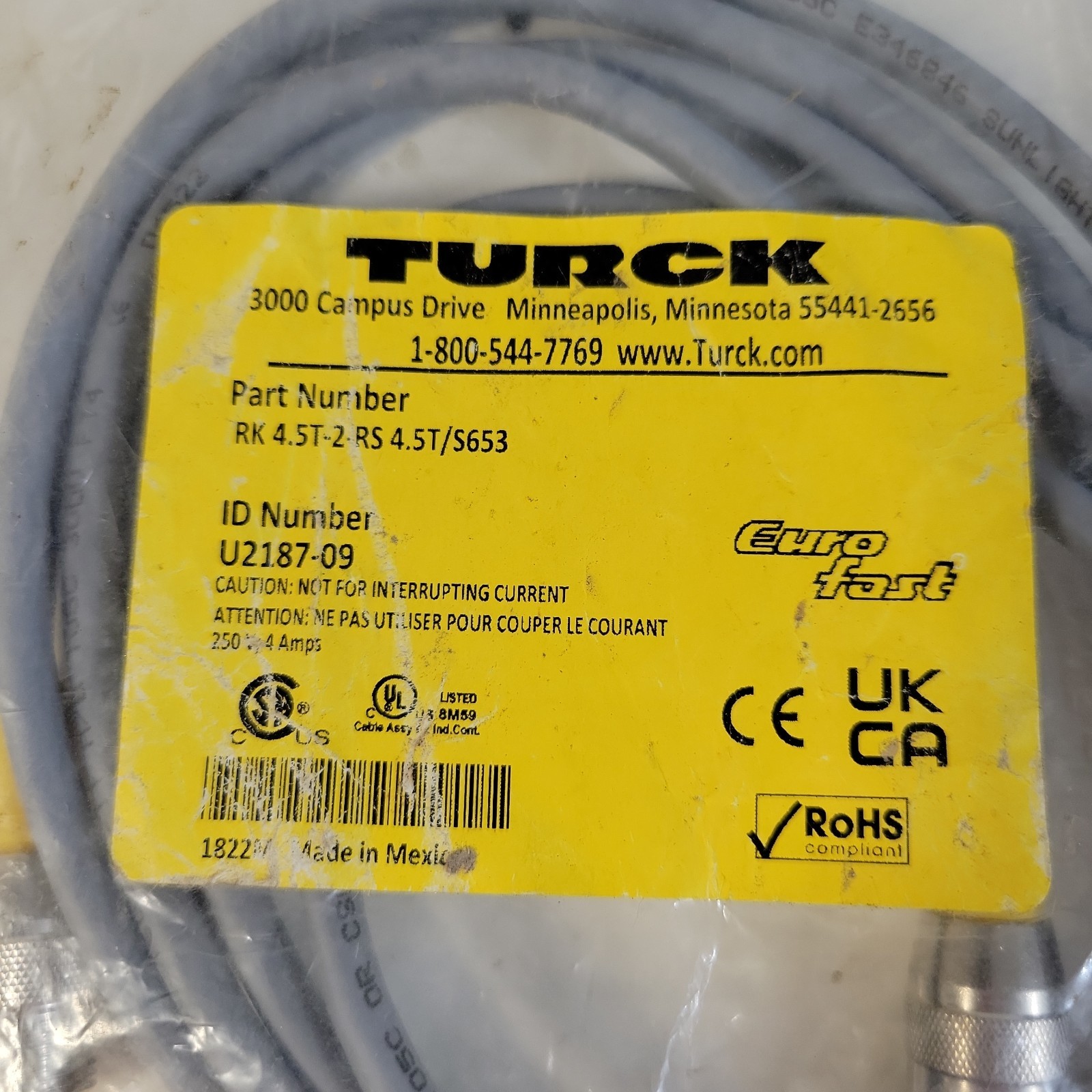 New SEALED TURCK RK 4.5T-2-RS 4.5T/S653 Cable Cordset U2187-09 Acutuator Cord