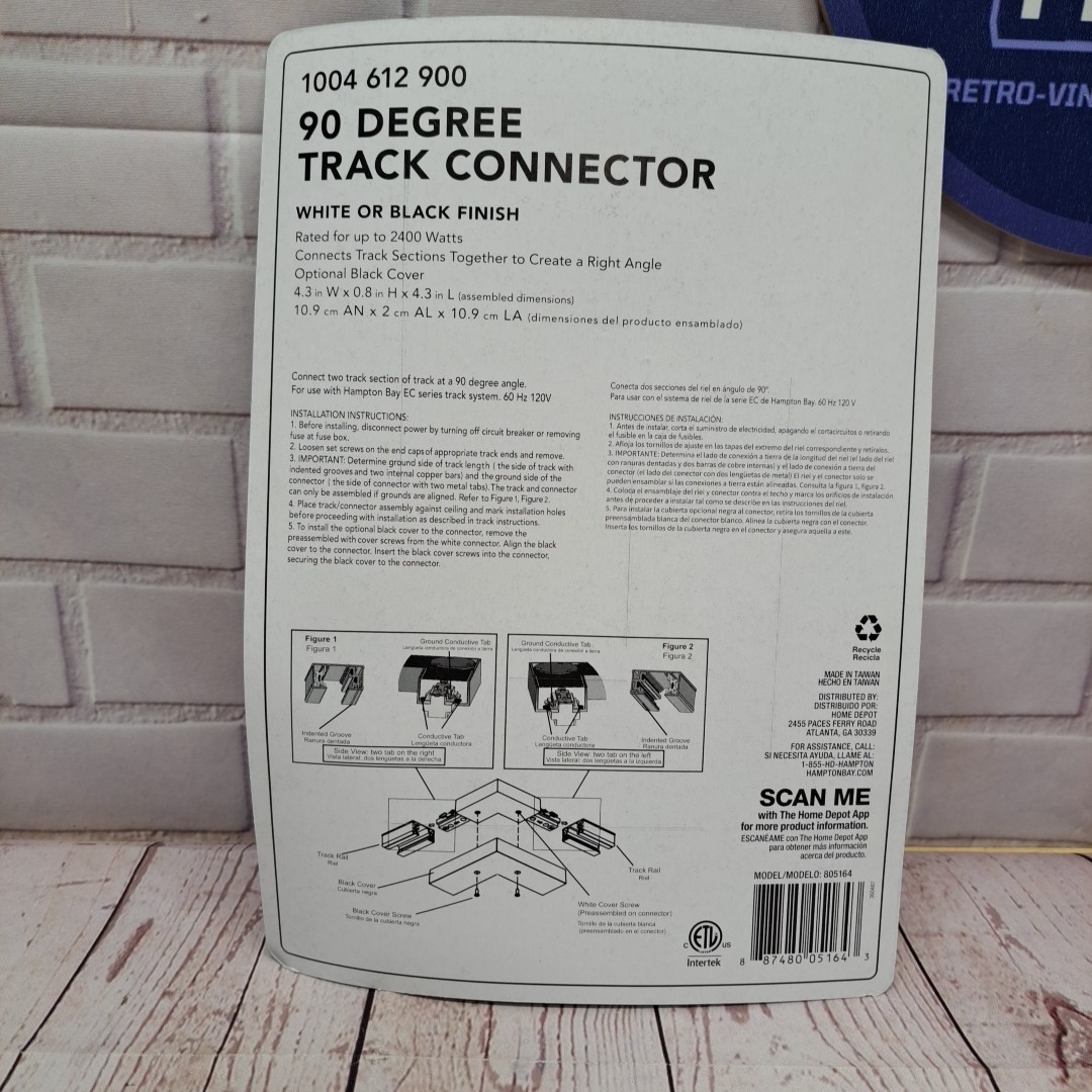Track Lighting Corner Connector 90º White or Black Hampton Bay Up To 2400 watts