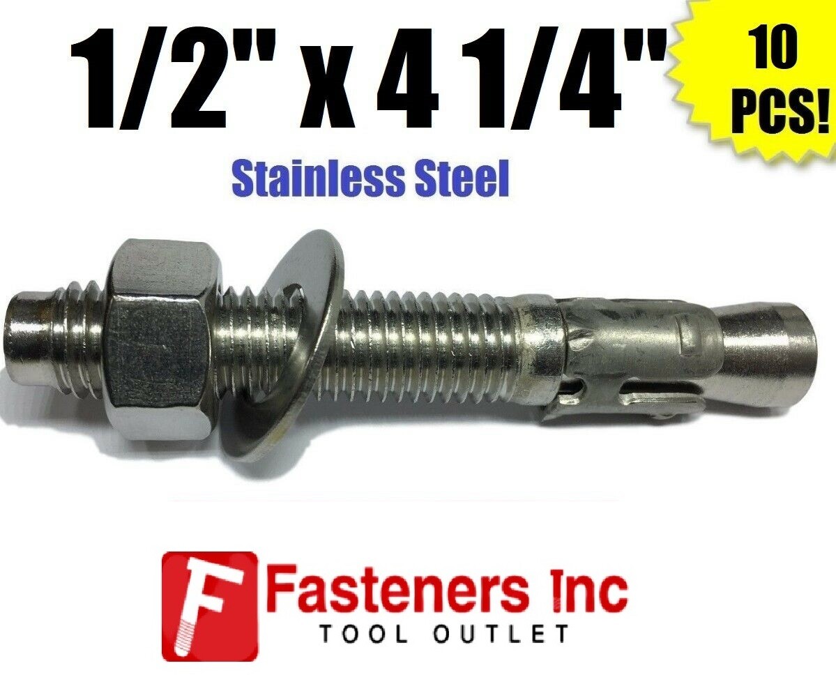 (QTY 10) 1/2″ x 4 1/4″ Concrete Wedge Anchor Stainless Steel Grade 304