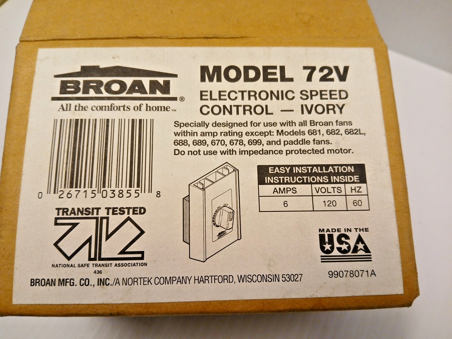 BROAN NuTone MODEL 72V Electronic Speed Control IVORY COLOR